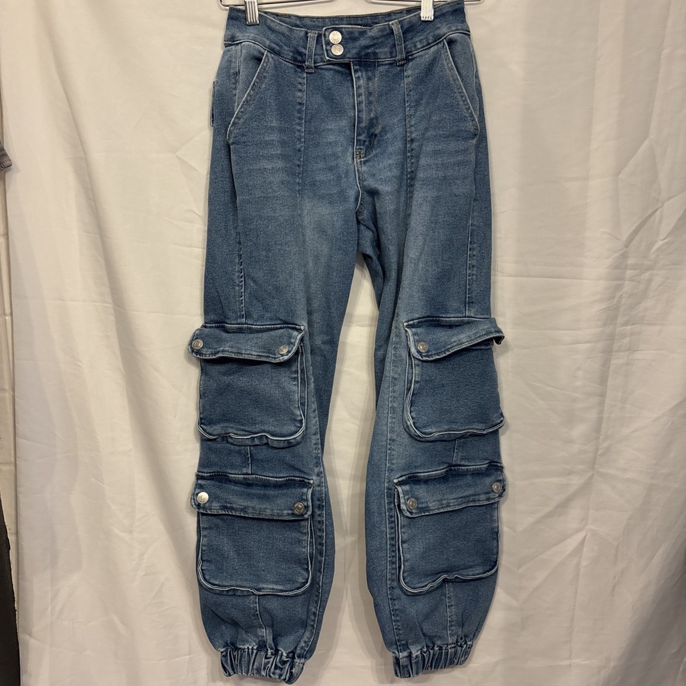 Forever 21 Women Jean Blue Denim Jogger Elastic Waist Cuffed Ankle Stretch Sz 25
